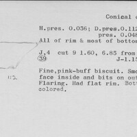 Index card with typed and handwritten information, sometimes including a sketch, of pottery from an excavation.