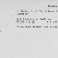 Index card with typed and handwritten information, sometimes including a sketch, of pottery from an excavation.