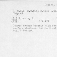 Index card with typed and handwritten information, sometimes including a sketch, of pottery from an excavation.