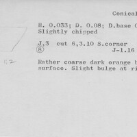 Index card with typed and handwritten information, sometimes including a sketch, of pottery from an excavation.