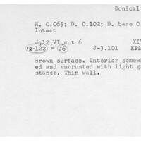 Index card with typed and handwritten information, sometimes including a sketch, of pottery from an excavation.