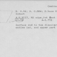 Index card with typed and handwritten information, sometimes including a sketch, of pottery from an excavation.