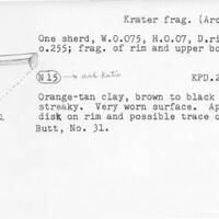 Index card with typed and handwritten information, sometimes including a sketch, of pottery from an excavation.