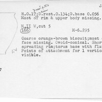 Index card with typed and handwritten information, sometimes including a sketch, of pottery from an excavation.