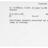 Index card with typed and handwritten information, sometimes including a sketch, of pottery from an excavation.