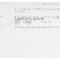 Index card with typed and handwritten information, sometimes including a sketch, of pottery from an excavation.