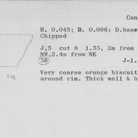 Index card with typed and handwritten information, sometimes including a sketch, of pottery from an excavation.