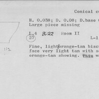 Index card with typed and handwritten information, sometimes including a sketch, of pottery from an excavation.