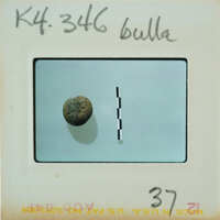 A small, round object with a rough surface on a white background with measurements and labels.