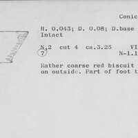 Index card with typed and handwritten information, sometimes including a sketch, of pottery from an excavation.
