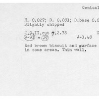 Index card with typed and handwritten information, sometimes including a sketch, of pottery from an excavation.