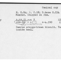 Index card with typed and handwritten information, sometimes including a sketch, of pottery from an excavation.