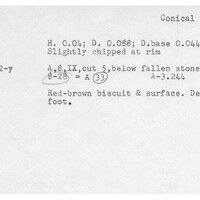 Index card with typed and handwritten information, sometimes including a sketch, of pottery from an excavation.