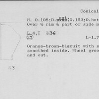 Index card with typed and handwritten information, sometimes including a sketch, of pottery from an excavation.