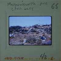 A photograph of a rocky hillside with sparse vegetation, taken from a distance and showing the sky above.