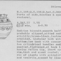 Index card with typed and handwritten information, sometimes including a sketch, of pottery from an excavation.