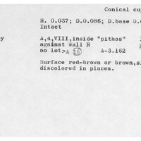 Index card with typed and handwritten information, sometimes including a sketch, of pottery from an excavation.