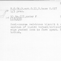 Index card with typed and handwritten information, sometimes including a sketch, of pottery from an excavation.