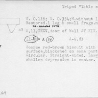 Index card with typed and handwritten information, sometimes including a sketch, of pottery from an excavation.