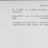 Index card with typed and handwritten information, sometimes including a sketch, of pottery from an excavation.