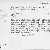 Index card with typed and handwritten information, sometimes including a sketch, of pottery from an excavation.