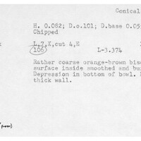 Index card with typed and handwritten information, sometimes including a sketch, of pottery from an excavation.