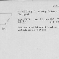 Index card with typed and handwritten information, sometimes including a sketch, of pottery from an excavation.