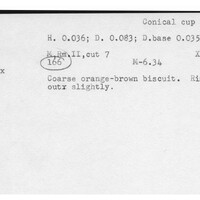 Index card with typed and handwritten information, sometimes including a sketch, of pottery from an excavation.