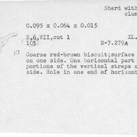 Index card with typed and handwritten information, sometimes including a sketch, of pottery from an excavation.