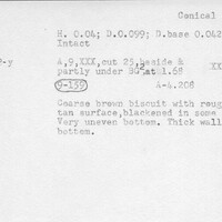 Index card with typed and handwritten information, sometimes including a sketch, of pottery from an excavation.