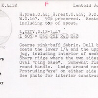 Index card with typed and handwritten information, sometimes including a sketch, of pottery from an excavation.