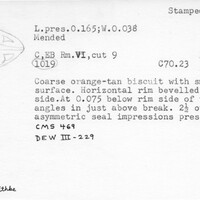 Index card with typed and handwritten information, sometimes including a sketch, of pottery from an excavation.