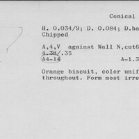 Index card with typed and handwritten information, sometimes including a sketch, of pottery from an excavation.