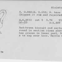 Index card with typed and handwritten information, sometimes including a sketch, of pottery from an excavation.