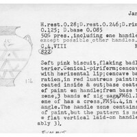 Index card with typed and handwritten information, sometimes including a sketch, of pottery from an excavation.