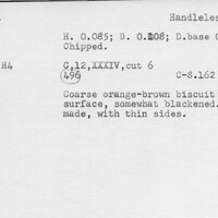 Index card with typed and handwritten information, sometimes including a sketch, of pottery from an excavation.