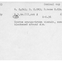 Index card with typed and handwritten information, sometimes including a sketch, of pottery from an excavation.