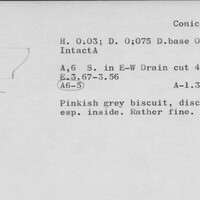 Index card with typed and handwritten information, sometimes including a sketch, of pottery from an excavation.