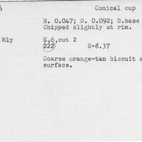 Index card with typed and handwritten information, sometimes including a sketch, of pottery from an excavation.