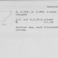 Index card with typed and handwritten information, sometimes including a sketch, of pottery from an excavation.