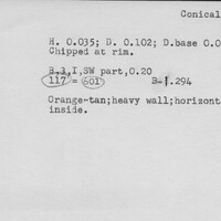 Index card with typed and handwritten information, sometimes including a sketch, of pottery from an excavation.