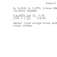 Index card with typed and handwritten information, sometimes including a sketch, of pottery from an excavation.