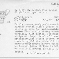 Index card with typed and handwritten information, sometimes including a sketch, of pottery from an excavation.