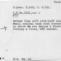 Index card with typed and handwritten information, sometimes including a sketch, of pottery from an excavation.