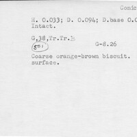 Index card with typed and handwritten information, sometimes including a sketch, of pottery from an excavation.