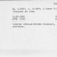 Index card with typed and handwritten information, sometimes including a sketch, of pottery from an excavation.