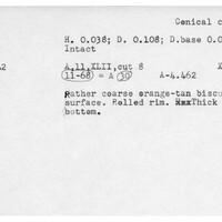 Index card with typed and handwritten information, sometimes including a sketch, of pottery from an excavation.