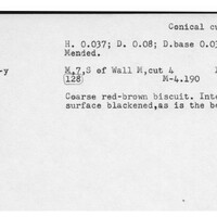 Index card with typed and handwritten information, sometimes including a sketch, of pottery from an excavation.