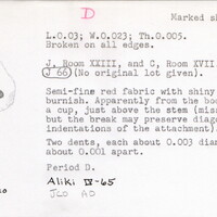 Index card with typed and handwritten information, sometimes including a sketch, of pottery from an excavation.
