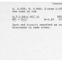 Index card with typed and handwritten information, sometimes including a sketch, of pottery from an excavation.